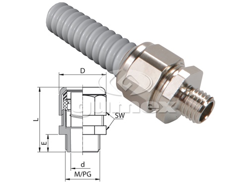 Konektor AU 159M, pre chráničky WELLFLEX PVC 111/PUR 118, vonkajší závit M10x1, rozmer koncovky 10mm, IP54, -10°C/+110°C, poniklovaná mosadz